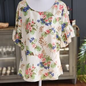 Appraisal Tropical Floral Linen Blend Ruffle Sleeve Blouse Ivory Sz Lrg